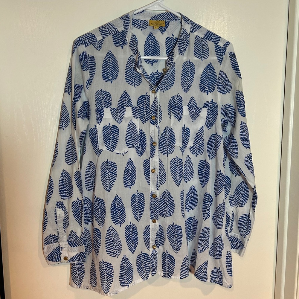 Roberta Roller Rabbit XS Blue Leaf Print Cotton Long Sleeve Shirt
